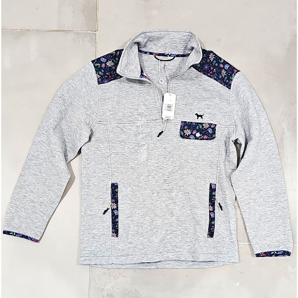 Simply Southern 1/4 Zip Fleece Pullover Sweatshirt Gray Floral Print XS